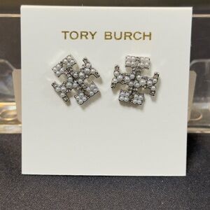 Tory Burch Silver and White Stud Earrings